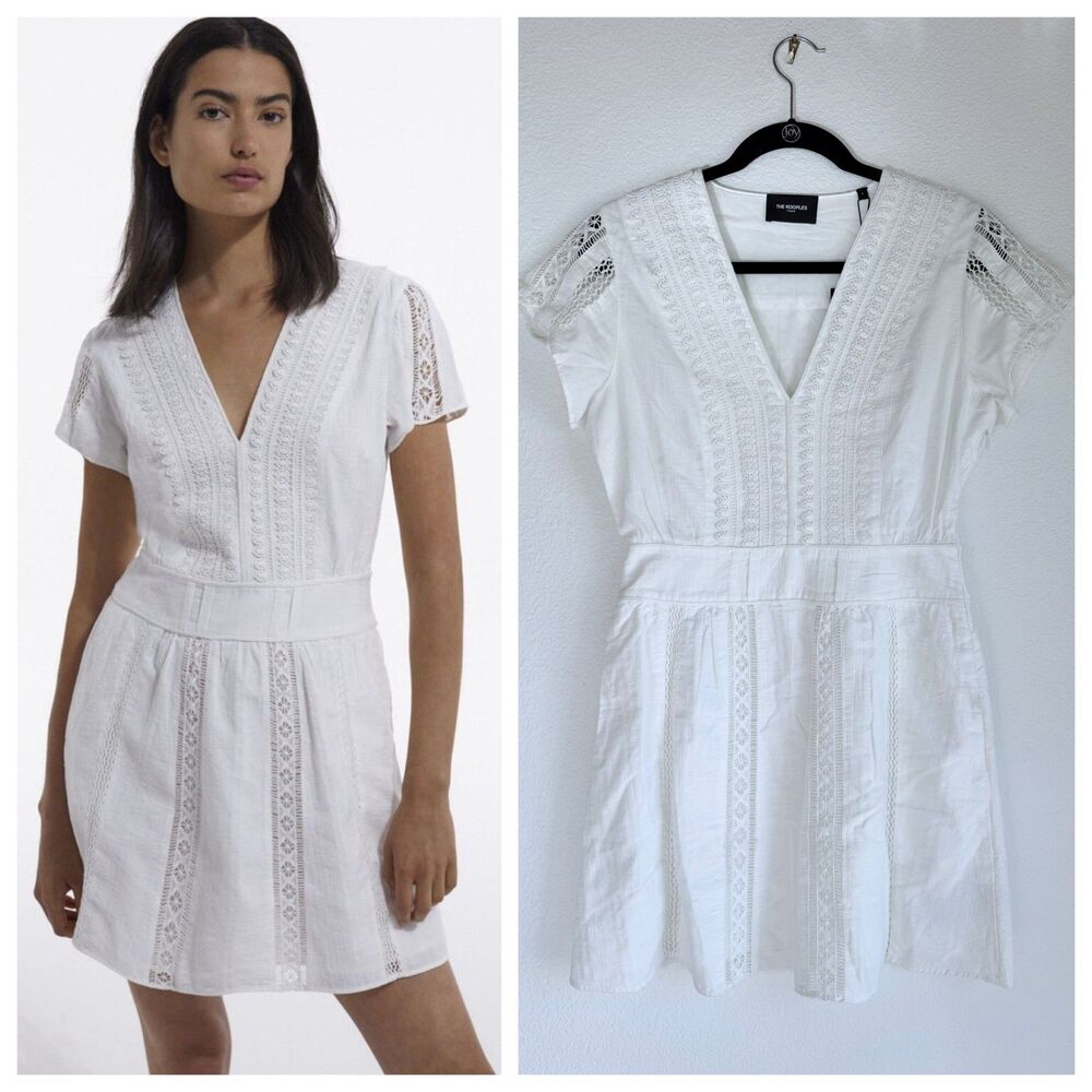 NEW The Kooples English Embroidery Lace Trim Cap Sleeve Mini Dress in White US4